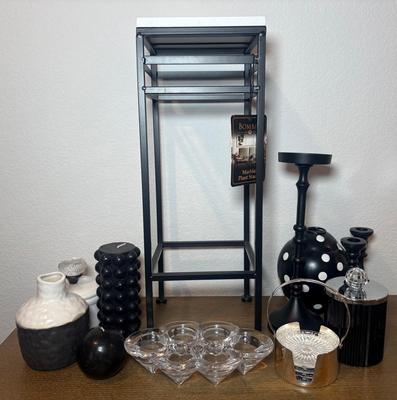 Black & White Home Decor Candlesticks, Basket & Plant Stand 