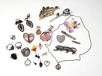 Earrings gold leaf necklace, rings, pins, charms