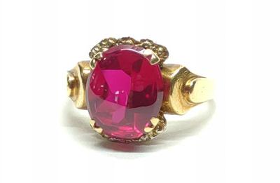 Sale Photo Thumbnail #58: Art Deco 14K Buff Top Synth. Ruby Ring (sz 7.25)