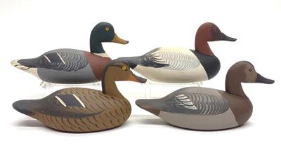 Sale Photo Thumbnail #397: 4 Roger Urie Miniature Canvasback & Mallard Decoys