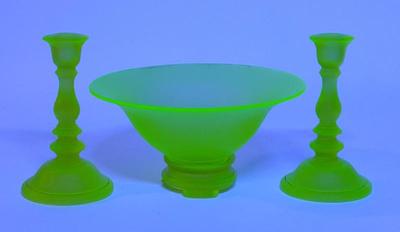 Sale Photo Thumbnail #223: Tiffin Satin Vaseline Glass Candlesticks & Bowl