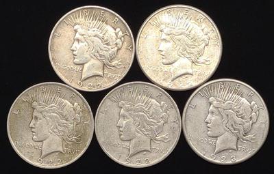 Sale Photo Thumbnail #335: (5) Peace Dollar US Coins (1922-S, 1922-D, 1923-S)
