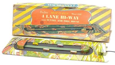 Sale Photo Thumbnail #495: Marx Deluxe Mot-O-Run 4 Lane Hi-Way Tin Toy w/ Box