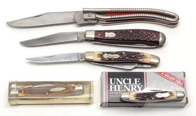 Sale Photo Thumbnail #301: (5) Vintage Schrade Folding Knives w/ 2 Boxes