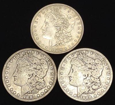 Sale Photo Thumbnail #320: (3) Morgan Dollar US Coins (1879,1887-O & 1888)