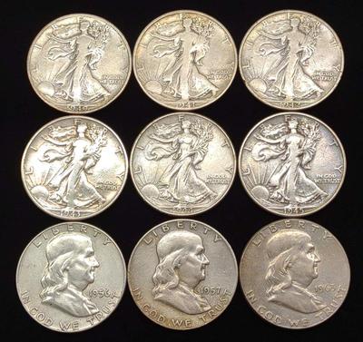 Sale Photo Thumbnail #326: 9 Walking Liberty & Franklin Half Dollar US Coins