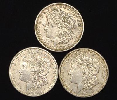 Sale Photo Thumbnail #314: (3) Morgan Dollar US Coins (1921, 1921-D & 1921-S)