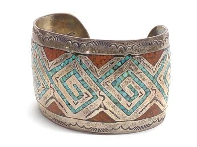 Sale Photo Thumbnail #266: Native American Sterling Turquoise & Coral Cuff
