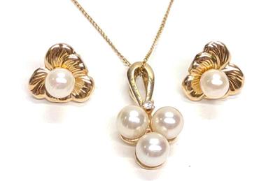 Sale Photo Thumbnail #152: 14K Triple Pearl & Diamond Pendant & Earring Set