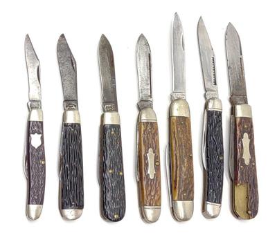 Sale Photo Thumbnail #310: 7 Vintage Stag Folding Knives (Ka-Bar, Boker, Romo
