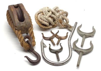 Sale Photo Thumbnail #469: 7 Antique Ship Items Gaff Hook, Pulley, Oak Locks