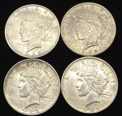 Sale Photo Thumbnail #332: (4) Peace Dollar US Coins (1922-S & 1922 D)