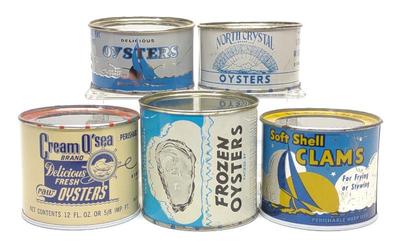 Sale Photo Thumbnail #461: 5 Assorted Oyster & Clam Tins w/ Lids