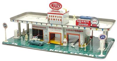 Sale Photo Thumbnail #249: Marx Day & Nite Service Gas Station Tin Toy Set