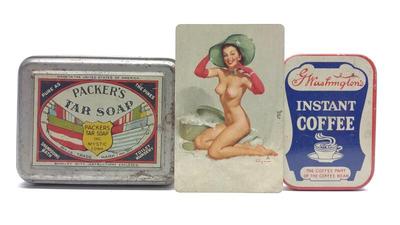 Sale Photo Thumbnail #521: 3 Vintage Advertising Tins & Pin-Up Calendar Card