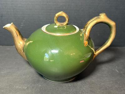 Vintage German Porcelain Teapot Green w/Gold Gilt
