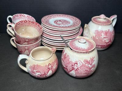 Vintage Child’s Red Transferware Teaset Goat Girl by Edge Malkin