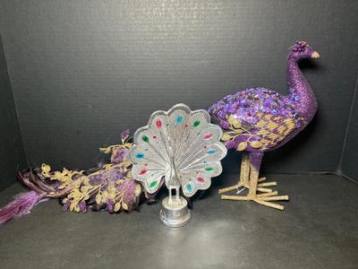 Metal & Purple Glitter Peacock Decor