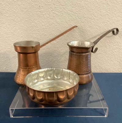 Two vintage turkish coffee pots and vintage embossed copper basin