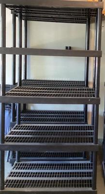 Two keter black plastic shelves 73 h a 36 w a 24 d; 5 shelves) lot 1