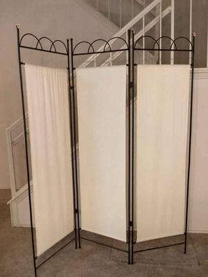 Three panel canvas room divider with black metal frame