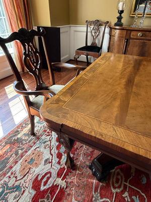 Hickory Dining Table, Credenza, 12 Chairs
Table: 73”l expands to 117”l  x 45.5”w x 31”h