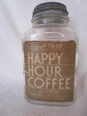 Sale Photo Thumbnail #94: Happy Hour Coffee jar with metal lid. Bloomington, IL
