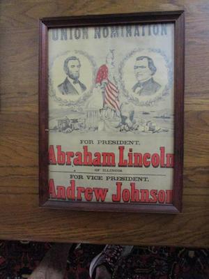 Sale Photo Thumbnail #73: Campaign poster of 1864 election, Abraham Lincoln and Andrew Johnson.   Old oak frame.
