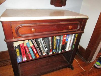 Antique marble-topped, walnut washstand - Washstand with one drawer and two open shelves.  Dimensions are 30.5" H, 31" W,...
