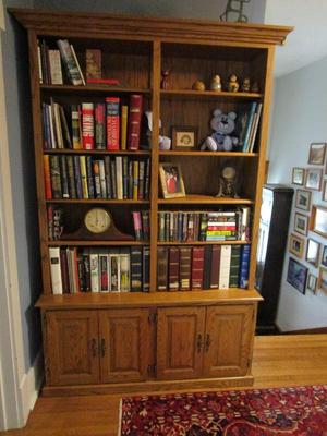 Amish bookshelf - Useful and extensive storage for books or albums with closed storage in the base. Entire size 84.5" H, 52.5"...