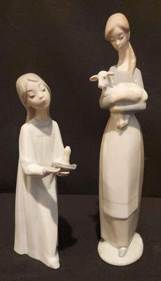 LLADRO GIRL WITH CANDLE AND GIRL WITH LAMB FIGURINES