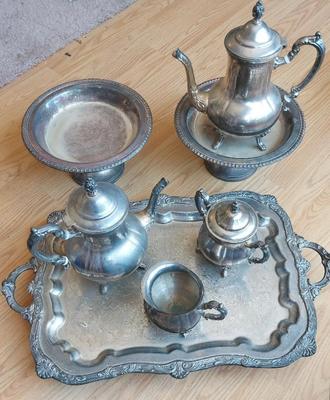 SILVER-PLATED TEA/COFFEE SET WITH TRAYS