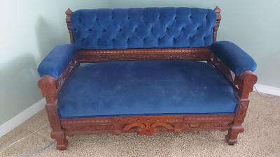 VINTAGE BLUE-UPHOLSTERED CARVED SETTEE