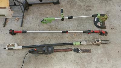 A BLACK & DECK HEDGE TRIMMER, ELECTRIC POLE SAW, M2K WEEDWACK TRIMMER, AND PORTLAND WEEDWACKER 