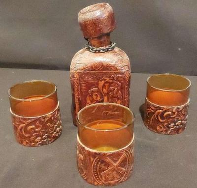 LEATHER COVERED DECANTER WITH GLASSES