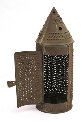 Sale Photo Thumbnail #47: Punched tin candle lamp