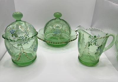Lot (3) Vintage Hand Painted Green Glass- Sugar, Creamer & Covered Butter
Lot #: 108