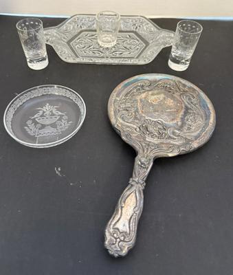 Vintage Silver Plated Hand Mirror, Pressed Glass Tray, Etched Bowl & (2) Mini Cups, Mini Shot Glass
Lot #: 58