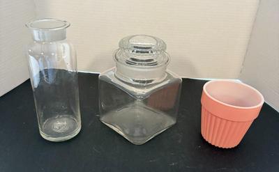 Vintage Candy Jar, Apothecary Jar & Hazel Atlas Platonite Milk Glass Pink Flowerpot
Lot #: 153