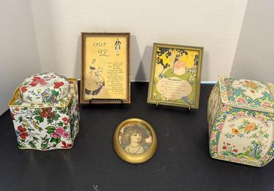 (2) Tea Tins, (2) Vintage Saying Pictures & Framed Lady Picture
Lot #: 146