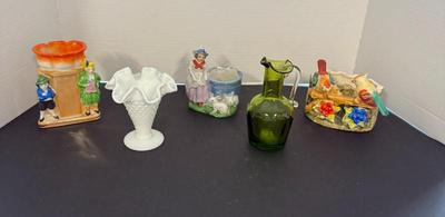 Lot (3) Vintage Made In Japan Porcelain Pieces, White Fenton Hobnail Vase & Hand Blown Pilgrim Green Pitcher
Lot #: 112