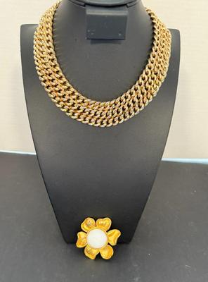 Vintage Gold Tone Sperry Chain Choker & M Jent Gold Tone Flower Brooch W/White Center
Lot #: 119