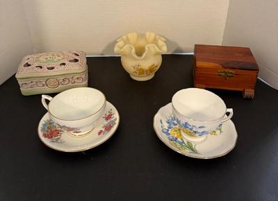 intage Lot- Lefton Cherub Box, Fenton Hand Painted Vase, Cedar Box & (2) Cups & Saucers
Lot #: 113