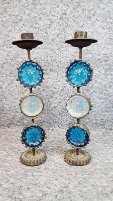 Pair of candle holders mexican art glass in forged metal