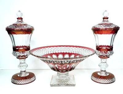 Cranberry flash cut crystal footed bowl and lidded jars
