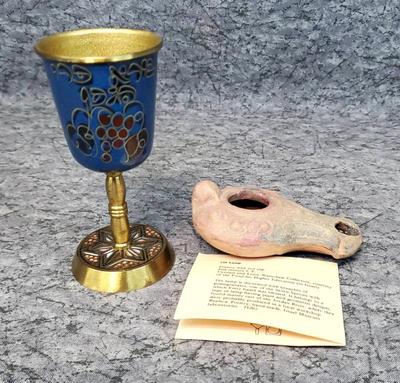 Enameled brass jewish kiddush cup isreal oil lamp