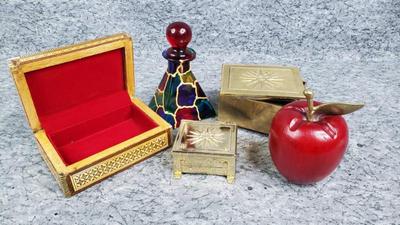 Trinket boxes gifts, art glass decanter, wooden apple