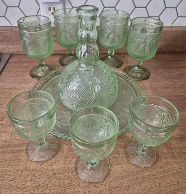 Vintage Tiara Chantilly Green Decanter With Glasses