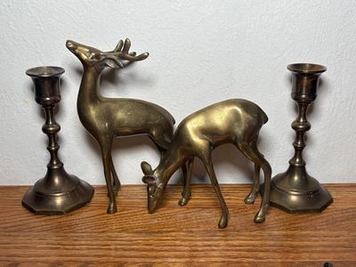 Vintage Solid Brass Deer & Buck Figurines & Brass Candlestick Holders 
