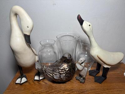 Family of Geese, Gilded Bird & Glass Vases Decor